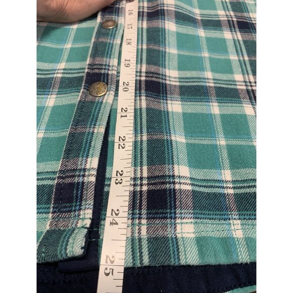 Orvis Teal Flannel Plaid Fleece Lined Shacket Size M Snap Front - Picture 7 of 9